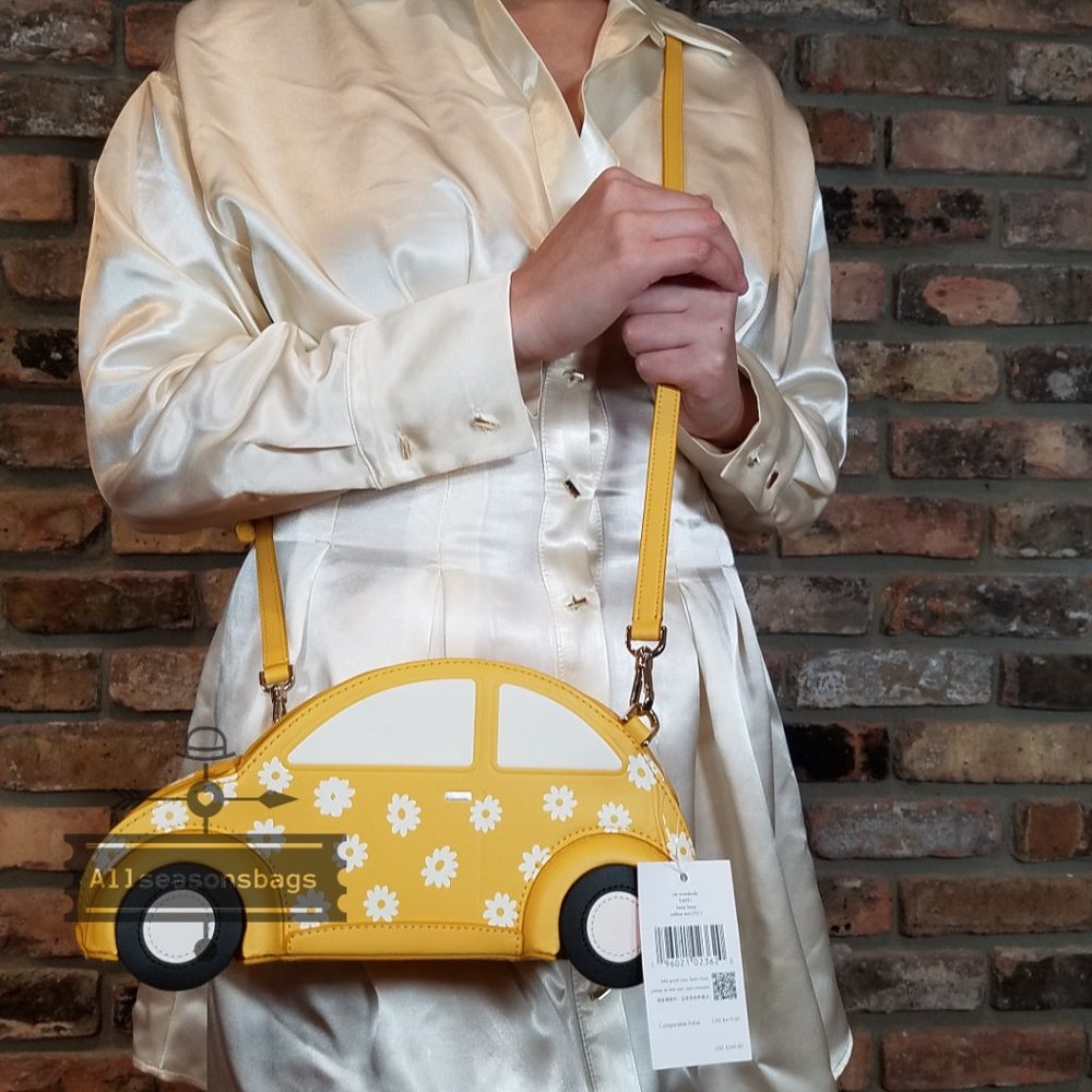 AUTHENTIC Beetle Kate Spade beep beep car crossbody bag yellow multi white NWT - Picture 10 of 12